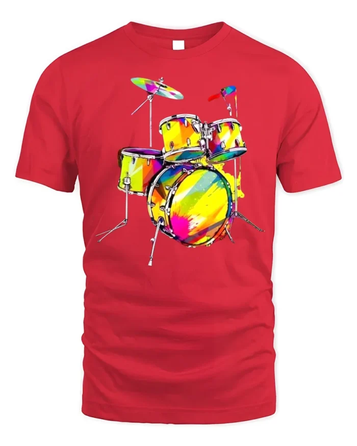 Colorful Drum Kit T-Shirt for Music Lovers and Drummers - red t-shirt on white background
