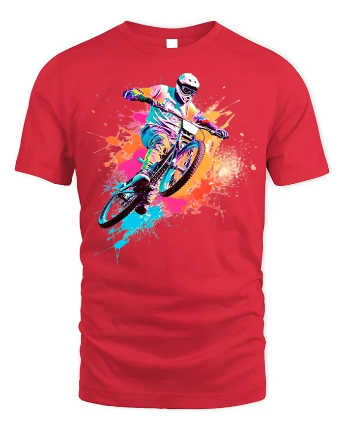 Color Splash Mountain Bike T-Shirt for Adventure Riders - red t-shirt on white background