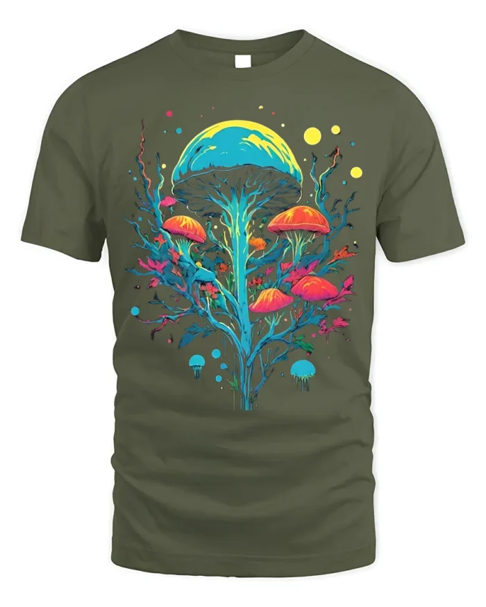 Psychedelic Mushroom Art T-Shirt Trippy Nature Vibes - military green t-shirt on white background