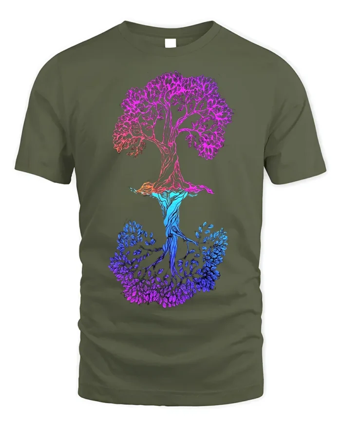 Dual Tree of Life T-Shirt Colorful Nature Graphic Tee - military green t-shirt on white background