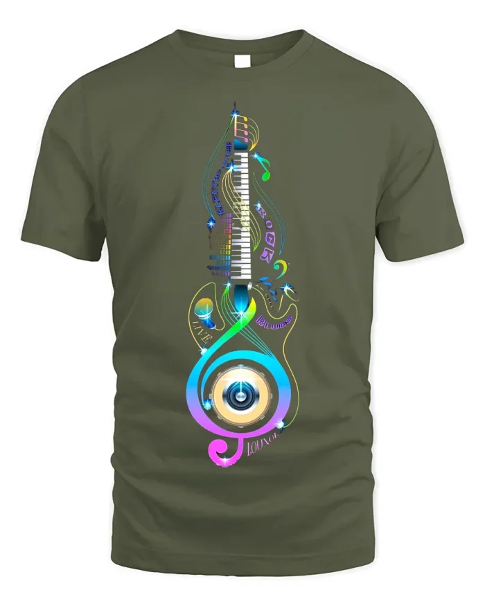 Colorful Music Lover T-Shirt Piano Treble Clef Design - military green t-shirt on white background