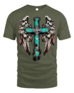 Rustic Angel Wings Cross T-Shirt Christian Faith - military green t-shirt on white background