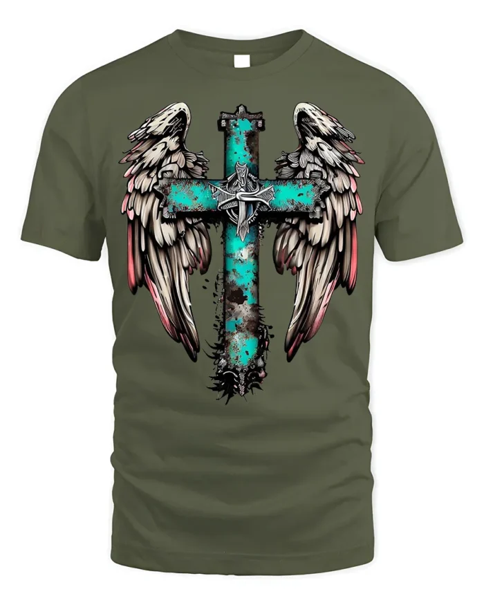 Rustic Angel Wings Cross T-Shirt Christian Faith - military green t-shirt on white background