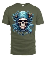 Blue Pirate Skull T-Shirt Gothic Chains Graphic Tee - military green t-shirt on white background