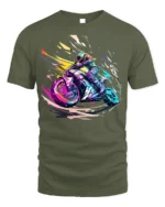 Speed Rider T-Shirt Neon Motorcycle Racing Graphic - military green t-shirt on white background