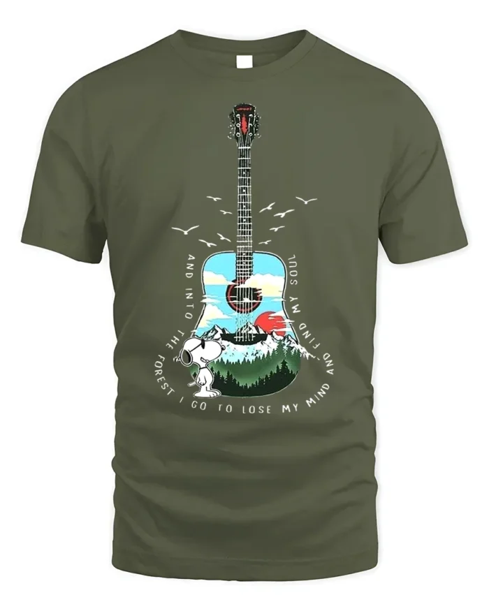 Snoopy Guitar Forest T-Shirt Nature Music Lover Tee - military green t-shirt on white background