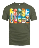 Colorful Summer Beach Vibes T-Shirt Fun Tropical Print - military green t-shirt on white background