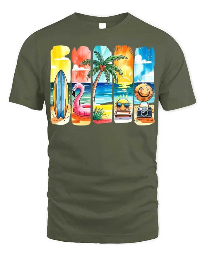 Colorful Summer Beach Vibes T-Shirt Fun Tropical Print - military green t-shirt on white background