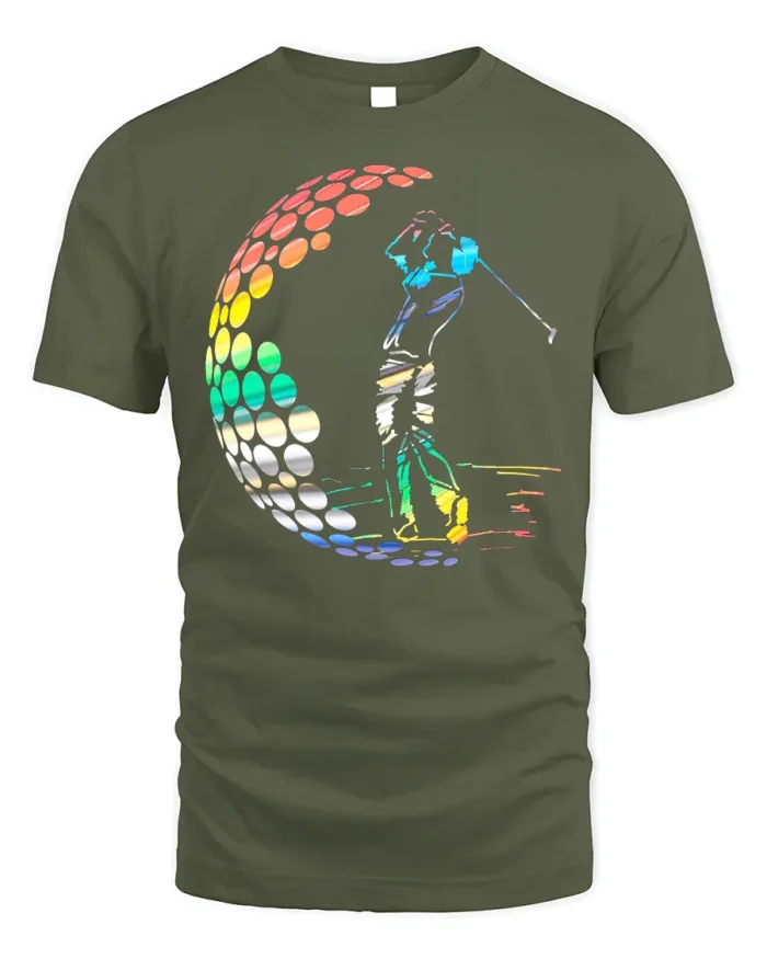 Colorful Golf Swing T-Shirt Retro Rainbow Golfer Tee - military green t-shirt on white background