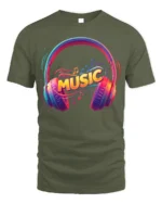 Colorful Music Headphones T-Shirt Vibrant Audio Vibes - military green t-shirt on white background