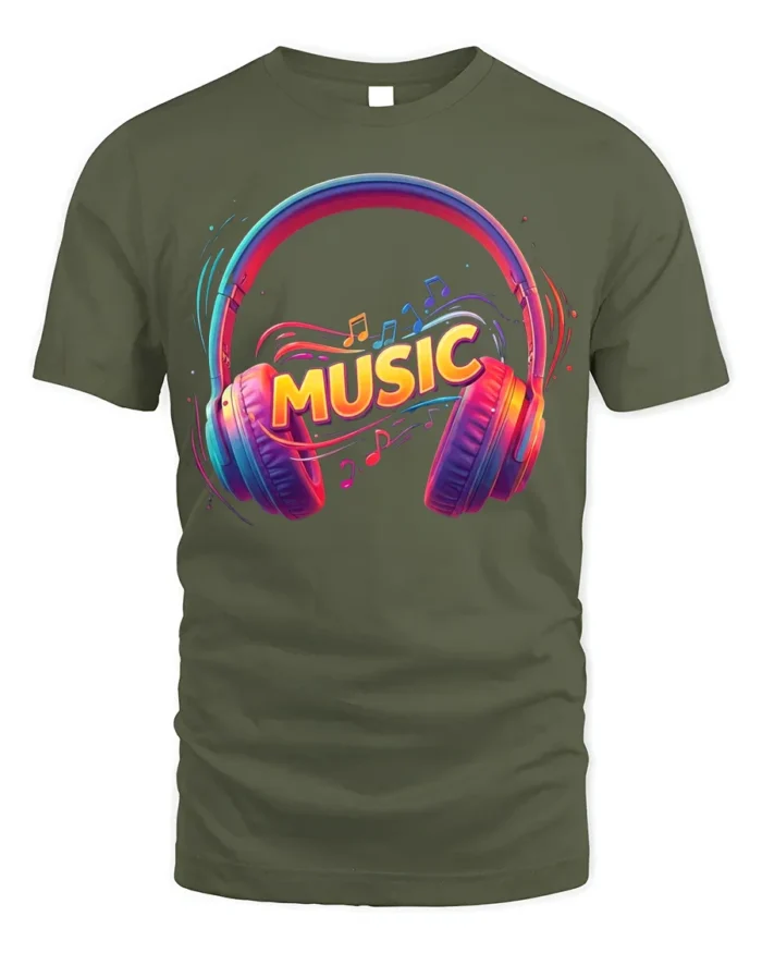 Colorful Music Headphones T-Shirt Vibrant Audio Vibes - military green t-shirt on white background