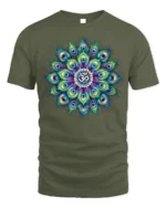 Spiritual Peacock Feather Mandala T-Shirt Om Yoga - military green t-shirt on white background