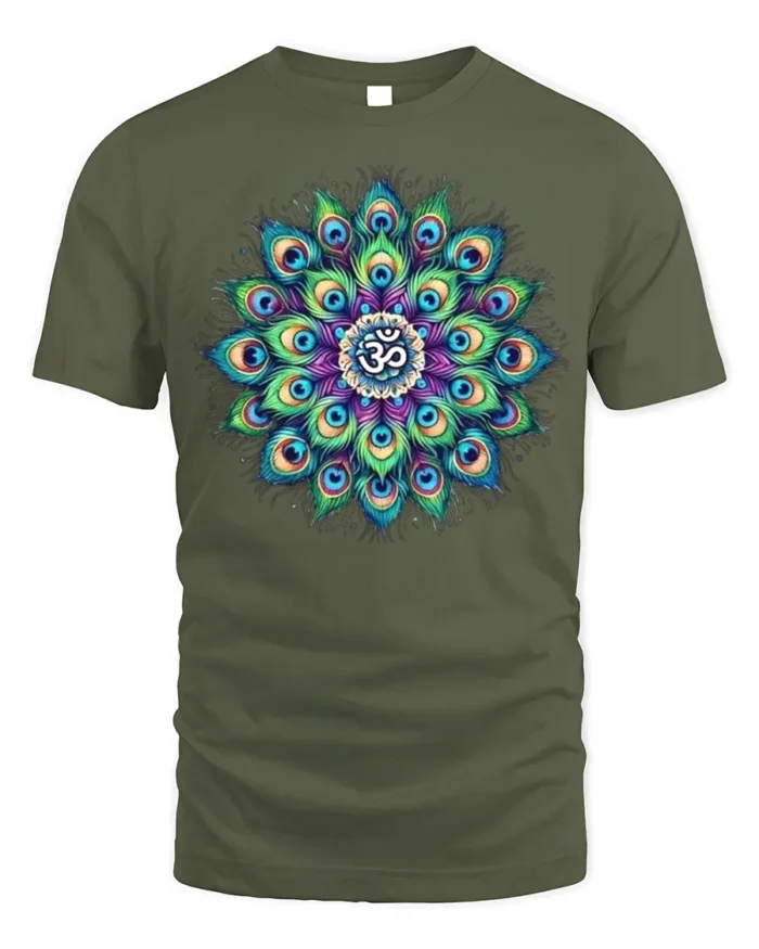 Spiritual Peacock Feather Mandala T-Shirt Om Yoga - military green t-shirt on white background