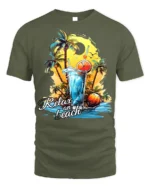 Relax on Beach T-Shirt with Palm Trees and Summer Drink - military green t-shirt on white background