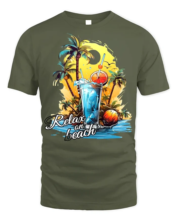 Relax on Beach T-Shirt with Palm Trees and Summer Drink - military green t-shirt on white background