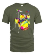 Colorful Drum Kit T-Shirt for Music Lovers and Drummers - military green t-shirt on white background