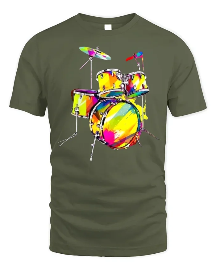 Colorful Drum Kit T-Shirt for Music Lovers and Drummers - military green t-shirt on white background