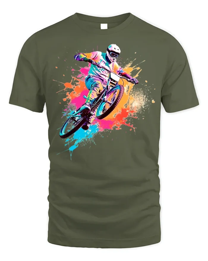Color Splash Mountain Bike T-Shirt for Adventure Riders - military green t-shirt on white background