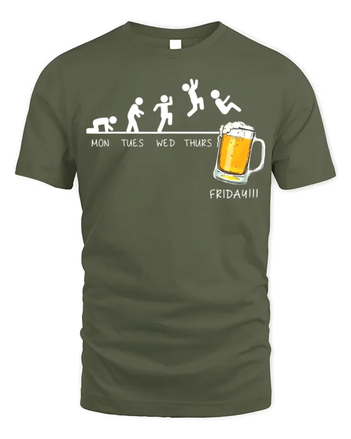 Funny Friday Beer Evolution T-Shirt for Weekend Lovers - military green t-shirt on white background