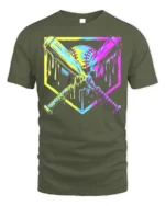 Dripping Neon Baseball Bats Graphic T-Shirt for Players - military green t-shirt on white background