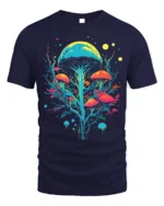 Psychedelic Mushroom Art T-Shirt Trippy Nature Vibes - navy t-shirt on white background