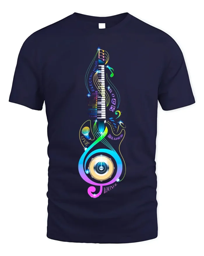 Colorful Music Lover T-Shirt Piano Treble Clef Design - navy t-shirt on white background