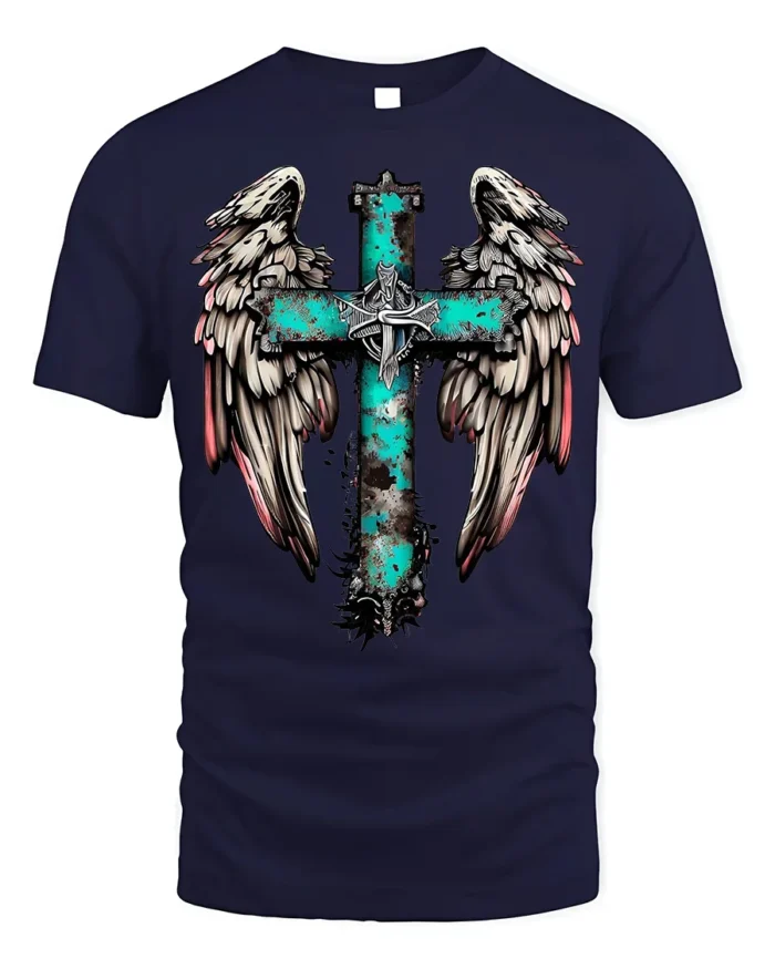 Rustic Angel Wings Cross T-Shirt Christian Faith - navy t-shirt on white background