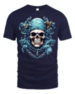 Blue Pirate Skull T-Shirt Gothic Chains Graphic Tee - navy t-shirt on white background