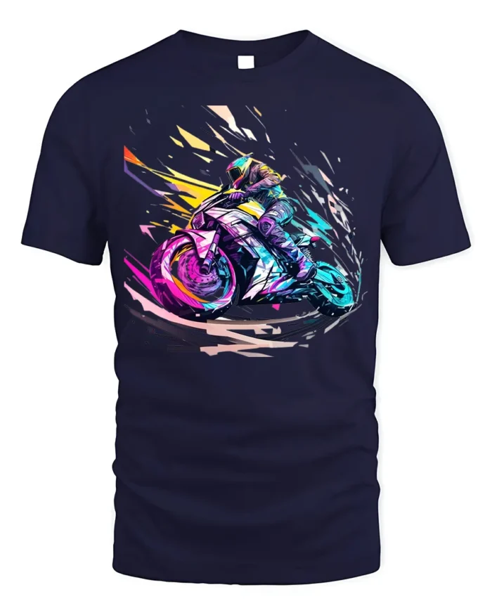 Speed Rider T-Shirt Neon Motorcycle Racing Graphic - navy t-shirt on white background