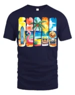 Colorful Summer Beach Vibes T-Shirt Fun Tropical Print - navy t-shirt on white background