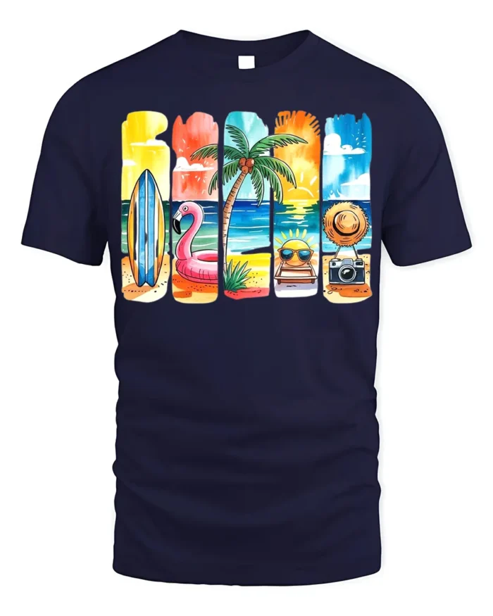 Colorful Summer Beach Vibes T-Shirt Fun Tropical Print - navy t-shirt on white background