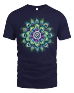 Spiritual Peacock Feather Mandala T-Shirt Om Yoga - navy t-shirt on white background