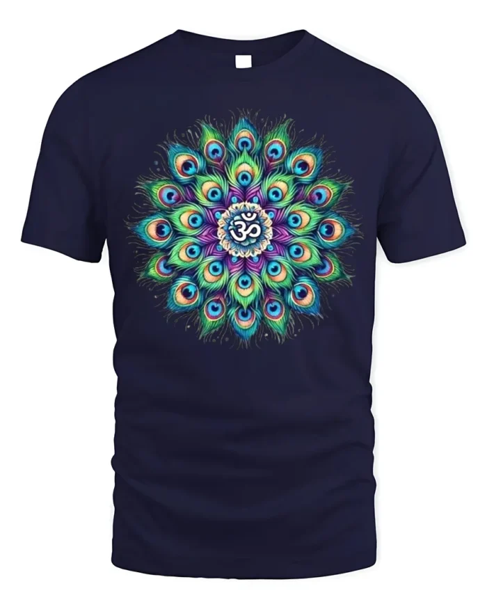 Spiritual Peacock Feather Mandala T-Shirt Om Yoga - navy t-shirt on white background