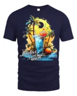 Relax on Beach T-Shirt with Palm Trees and Summer Drink - navy t-shirt on white background