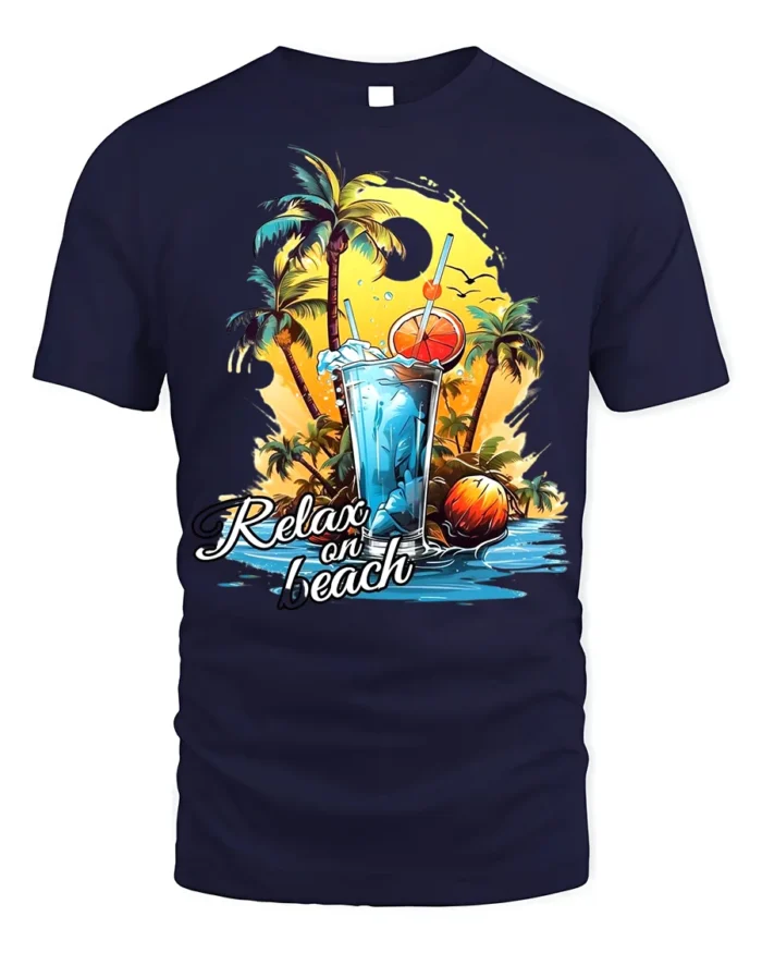 Relax on Beach T-Shirt with Palm Trees and Summer Drink - navy t-shirt on white background
