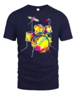 Colorful Drum Kit T-Shirt for Music Lovers and Drummers - navy t-shirt on white background