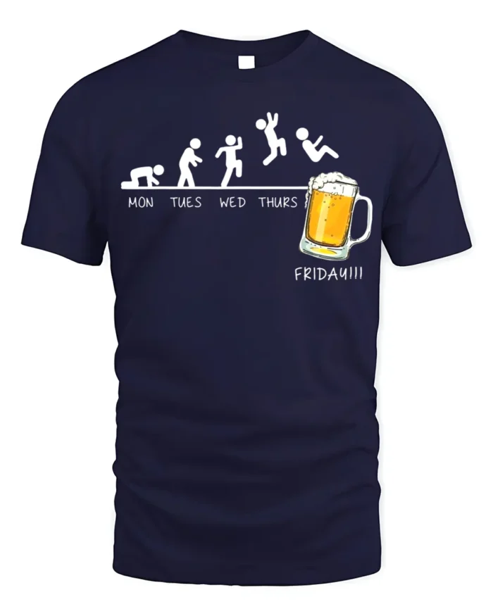 Funny Friday Beer Evolution T-Shirt for Weekend Lovers - navy t-shirt on white background