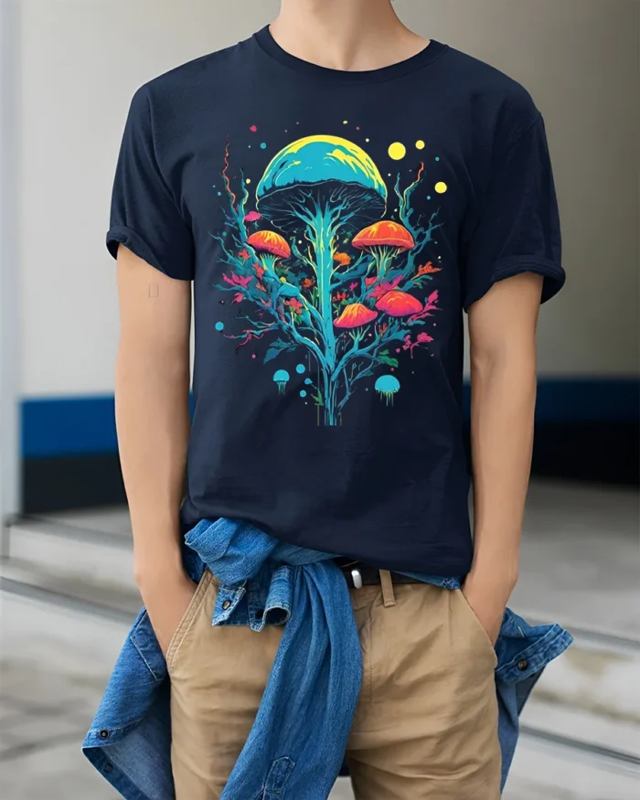 Psychedelic Mushroom Art T-Shirt Trippy Nature Vibes - model wearing navy shirt, hands in pockets