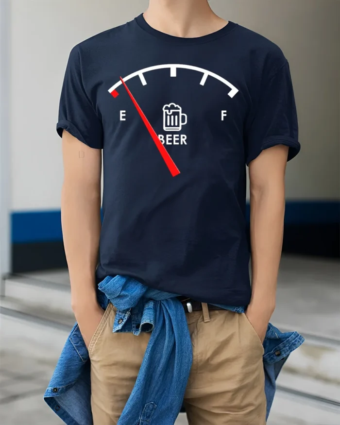 Funny Beer Gauge T-Shirt Low on Beer Fuel Drink - model wearing navy shirt, hands in pockets
