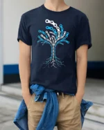 Tree of Life Bike Chain Graphic T-Shirt for Men - model wearing navy shirt, hands in pockets