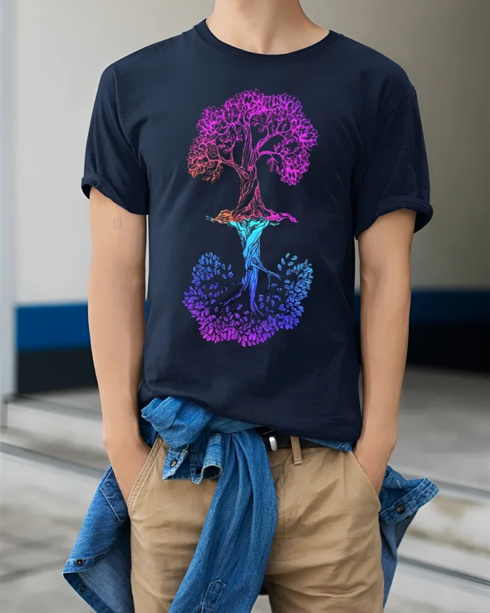 Dual Tree of Life T-Shirt Colorful Nature Graphic Tee - model wearing navy shirt, hands in pockets