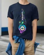 Colorful Music Lover T-Shirt Piano Treble Clef Design - model wearing navy shirt, hands in pockets