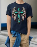 Rustic Angel Wings Cross T-Shirt Christian Faith - model wearing navy shirt, hands in pockets