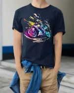 Speed Rider T-Shirt Neon Motorcycle Racing Graphic - model wearing navy shirt, hands in pockets
