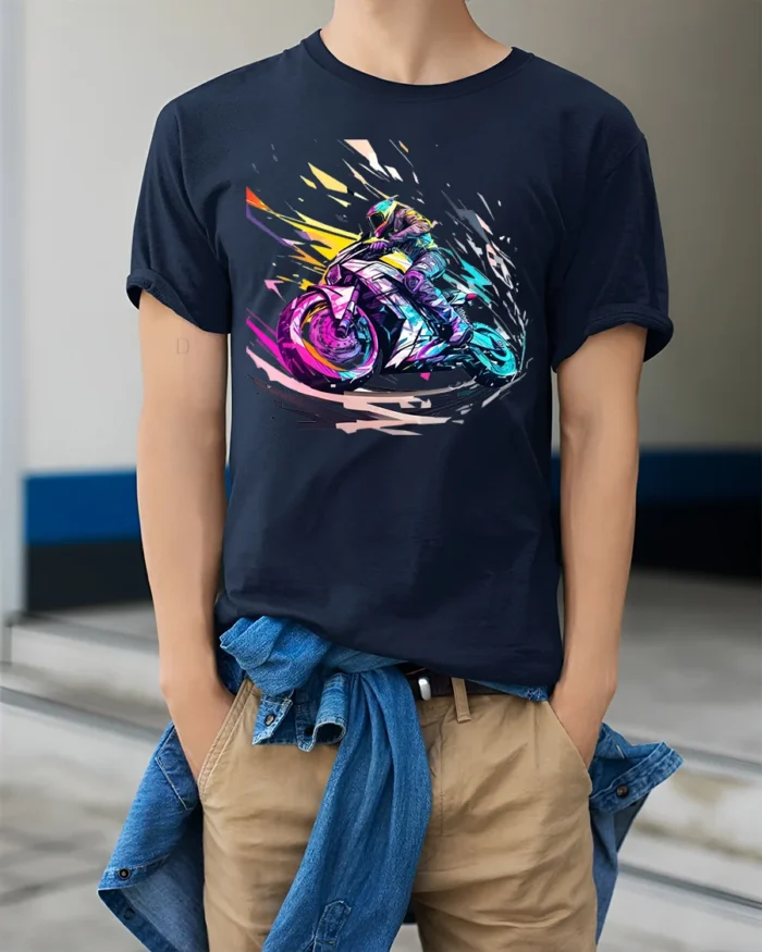 Speed Rider T-Shirt Neon Motorcycle Racing Graphic - model wearing navy shirt, hands in pockets