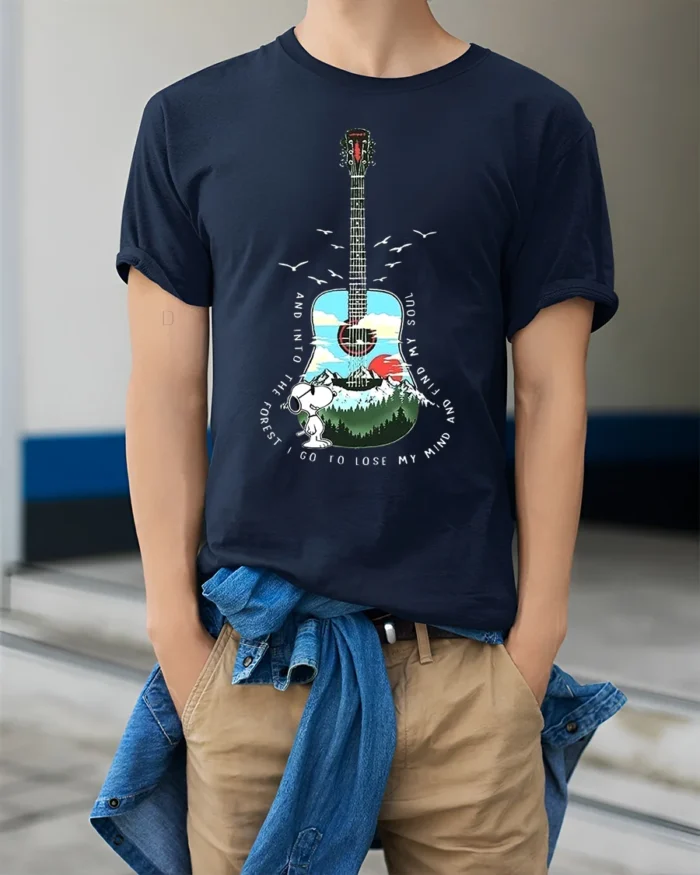 Snoopy Guitar Forest T-Shirt Nature Music Lover Tee - model wearing navy shirt, hands in pockets