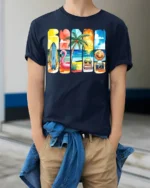 Colorful Summer Beach Vibes T-Shirt Fun Tropical Print - model wearing navy shirt, hands in pockets