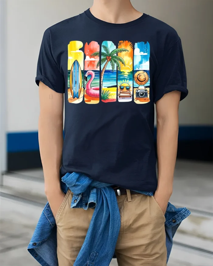 Colorful Summer Beach Vibes T-Shirt Fun Tropical Print - model wearing navy shirt, hands in pockets