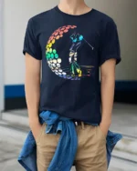 Colorful Golf Swing T-Shirt Retro Rainbow Golfer Tee - model wearing navy shirt, hands in pockets