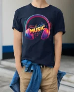 Colorful Music Headphones T-Shirt Vibrant Audio Vibes - model wearing navy shirt, hands in pockets